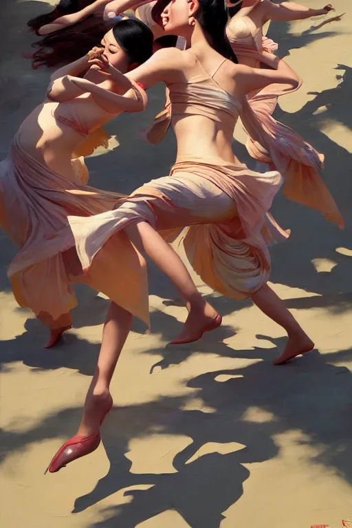 Prompt: greg manchess top angle shot of group of asian females dancing, organic painting, sunny day, matte painting, bold shapes, hard edges, street art, trending on artstation, by huang guangjian and ail elvgren and sachin teng, 8 k, high detail, fantasy art, dnd, artstation,