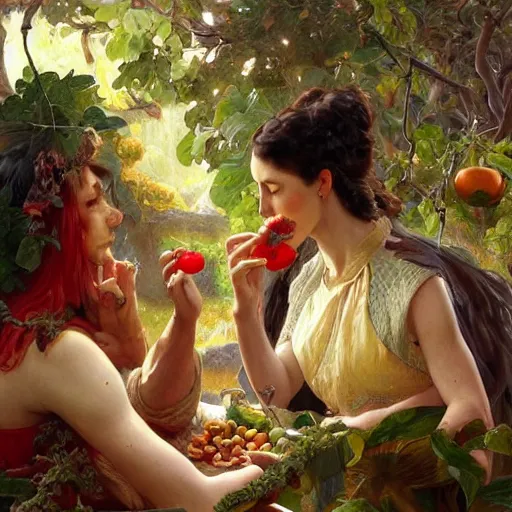 Image similar to mesopotamian eve eating fruit from the tree of knowedge of good and evil in the gardnen of eden, highly detailed, digital painting, artstation, concept art, smooth, sharp focus, illustration, artstation, art by artgerm, greg rutkowski, alphonse mucha, ilya repin and charlie bowater