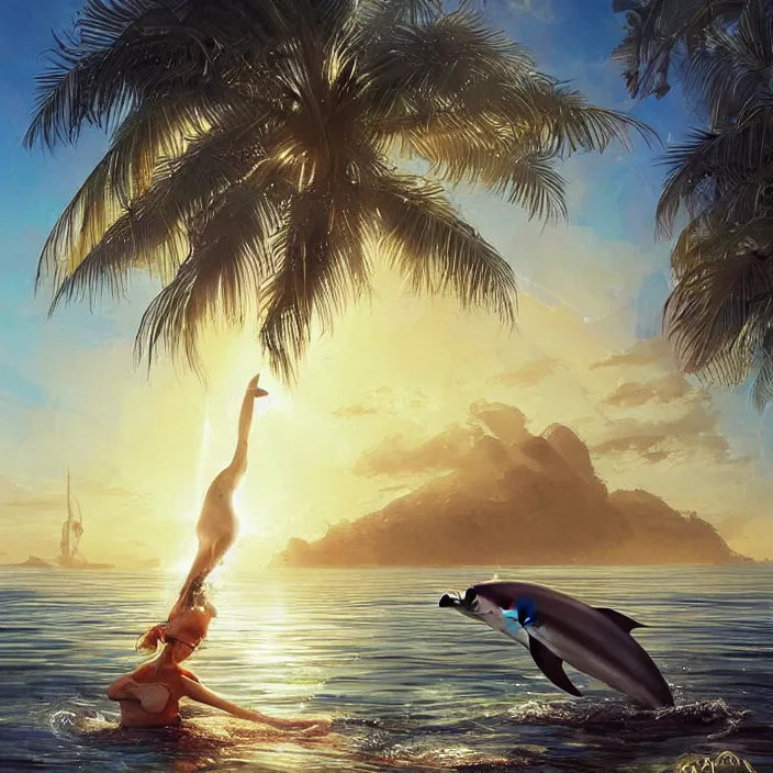 Image similar to dolphin swimming, golden hour, god rays, by artgerm and ismail inceoglu and greg olsen, palm trees, masterpiece, beautiful, intricate, elegant, highly detailed