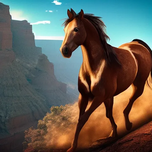 Image similar to spirit, the brown wild horse with white pastern flexion from the spirit movie, with the girl lucky on his back galloping next to a canyon into the sunset, movie poster, intricate detail, 8 k, trending on artstation, octane render