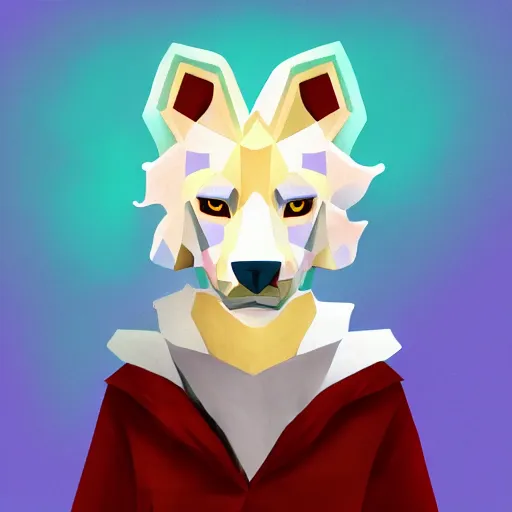 Prompt: aesthetic albino dog fursona portrait, commission of a anthropomorphic lion on fire, fursona wearing stylish clothes, winter armosphere, pastel simple art, low poly