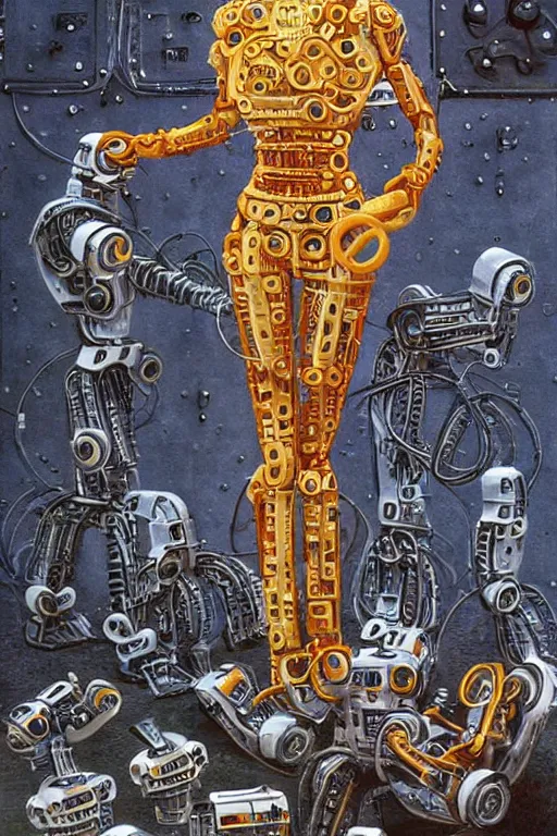 Image similar to a highly detailed retro futuristic female android with gears and other mechanical parts made out of pasta going for a walk outside, a robot made out of pasta, arms made out of spaghetti, eyes made out of macaroni, painting by Jim Burns and Julie Bell