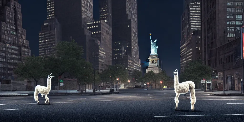 Image similar to a llama walking through a desolate manhattan city street at night, statue of liberty seen in the background, realistic 4 k octane beautifully detailed render, 4 k post - processing, highly detailed, detailed face, intricate complexity, epic composition, magical atmosphere, cinematic lighting, masterpiece, color picture, ultra hd