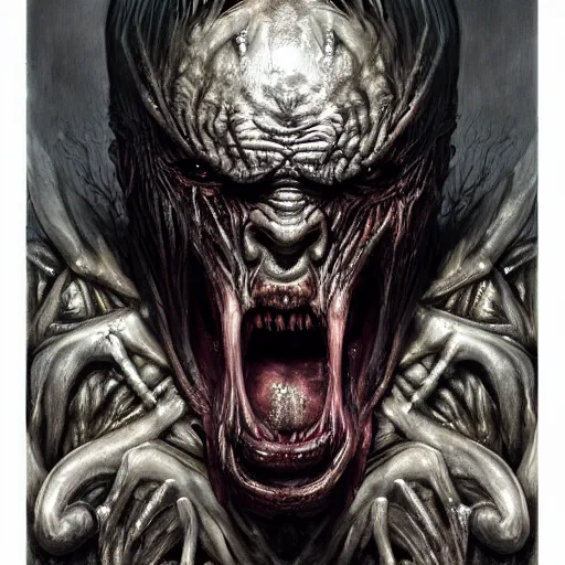 Image similar to Dark fantasy Painting of a hulking muscular demonic with drool dripping from its mouth, hr giger muscles, disgusting, creepy, unsettling, horror, upper body, intricate, wild, highly detailed, digital painting, artstation, concept art, smooth, sharp focus, illustration, art by artgerm and greg rutkowski and alphonse mucha