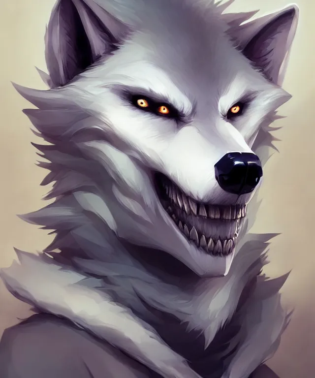 Image similar to male anthropomorphic white wolf skull furry, cute - fine - face, pretty face, key visual, realistic shaded perfect face, fine details by stanley artgerm lau, wlop, rossdraws, james jean, andrei riabovitchev, marc simonetti, and sakimichan, trending on artstation