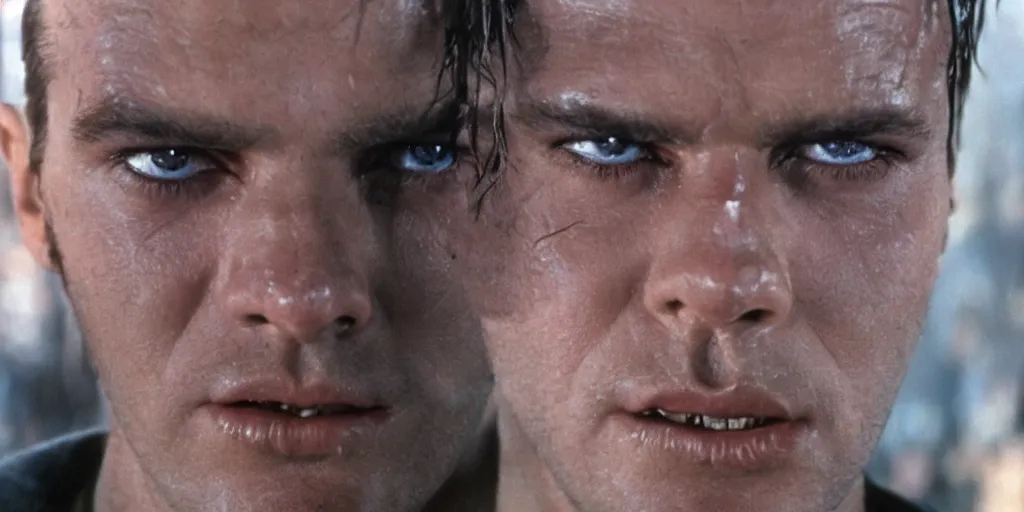 Prompt: A young Jack Nicholson on the movie blade runner from 1982, movie still, face close-up, in color, detailed face, symmetrical face, 4k,