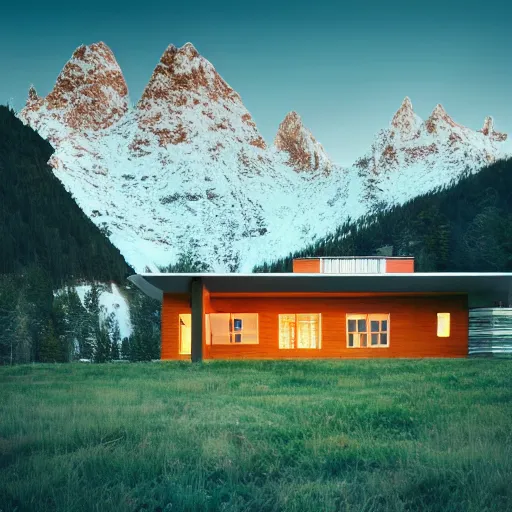 Image similar to wes anderson style modern futuristic house near the lake, snowy mountains and green forest, cinematic, realism, photo, detailed