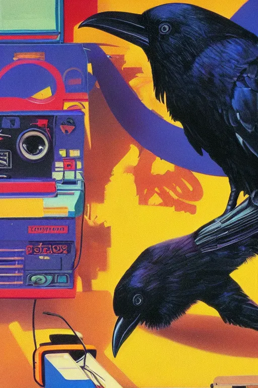 Prompt: a raven investigating 8 0 s era technology, vintage shapes, retro technology, happy color, wayne barlow, oil on canvas, deep depth of field, masterpiece, cinematic composition, hyperdetailed