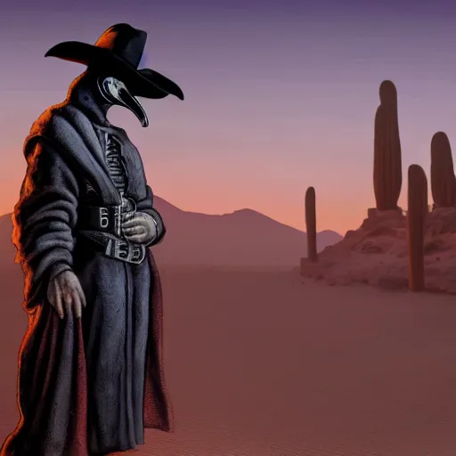 Prompt: a plague doctor cowboy standing near a western town in the desert, dynamic lights, ray tracing, photorealistic art, hyper realism, cinematic concept art