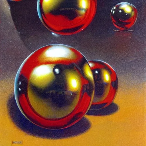 Prompt: chrome spheres on a red cube by earl norem