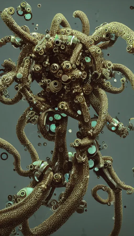 Prompt: a single bio mechanical tentacle, robotic but also organic, made up of lots of small parts, wet, shiny, horror, clinical, cyberpunk, vaporwave, futuristic, octane render, 8k, hyper realistic, super detailed