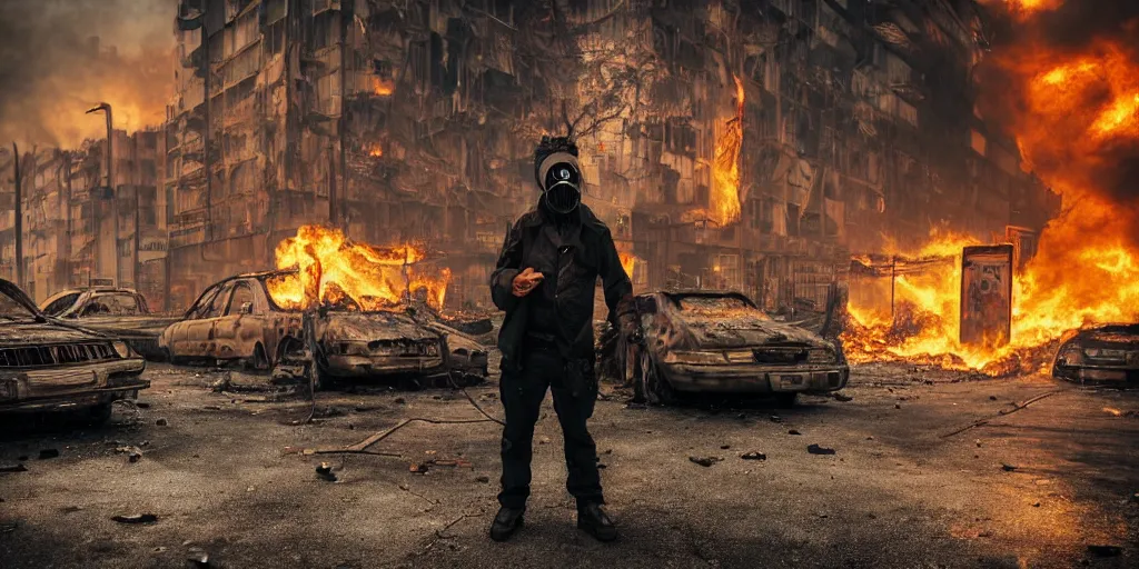 Image similar to post - apocalyptic city streets, close - up shot of an anarchist with a gasmask, burning cars, explosions, acid color smoke, hyperrealistic, gritty, damaged, urban photography, photorealistic, high details