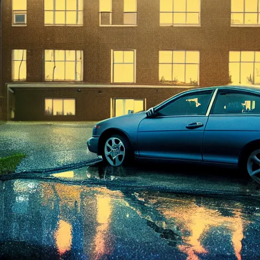 Prompt: 2003 blue Honda Accord leaking large puddle of oil onto driveway, midnight, moonlight, stark lighting, reflective puddle, pool, oil, by Scott Listfield and Mikko Lagerstedt