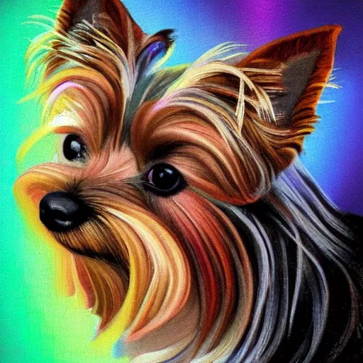 Image similar to Yorkshire Terrier under a rainbow in the style of Lady with an Ermine, head and shoulders portrait, stormy weather, extremely detailed masterpiece, oil on canvas, low-key neon lighting, artstation, Blade Runner 2049, Roger Deakin’s cinematography, by J. C. Leyendecker and Peter Paul Rubens and Edward Hopper and Michael Sowa,