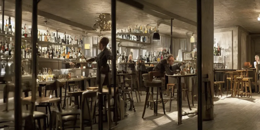 Image similar to an scenario close a bar designed for the director Roy Andersson movie