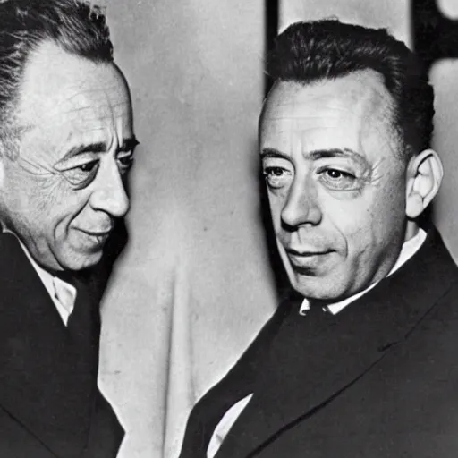 Prompt: Still of Albert Camus enjoying his time with Albert Einstein in Las Vegas casino, 1945 type photography