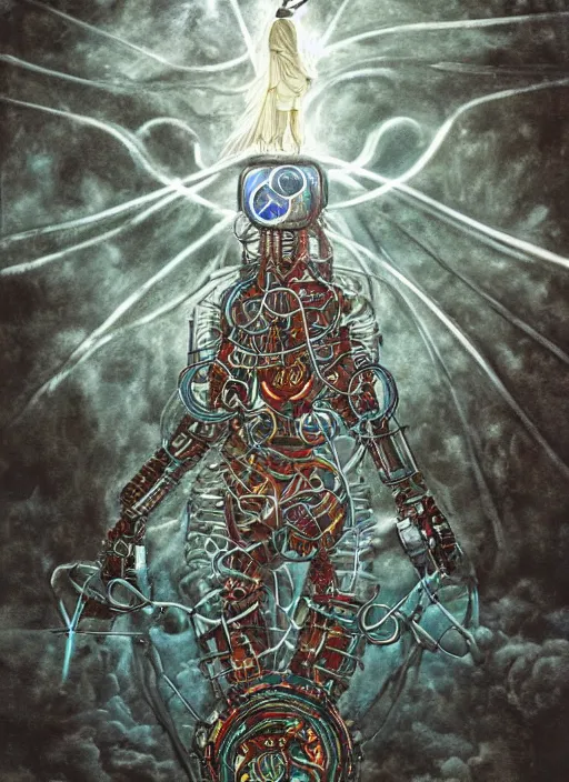 Image similar to a spiritually awakened cyborg wants to help humans free themselves from the chains of mental slavery and authoritarian politicians, surreal technological conceptual art magical cybernetic realism horror visions distopic and utopic art and the same time