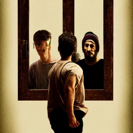 Image similar to poster for a short dramatic film called'liminal'about 4 young male roommates that discover a hidden tiny wooden door in their apartment. the poster follows the concept of liminality and the center element is the tiny wooden door. movie poster, advertisement, high detail, sharp, trending on artstation