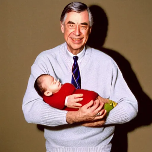 Image similar to mr. rogers proudly displaying an upside - down infant. 1 9 7 0 s studio color photo.