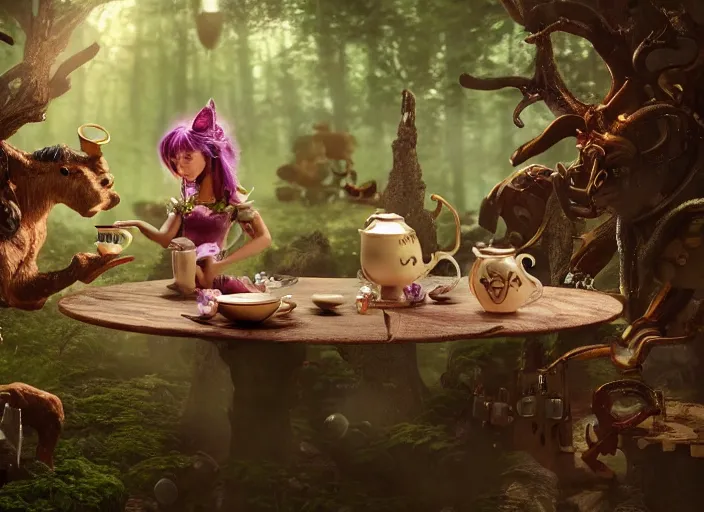 Image similar to tiny mechanical fairy having tea with a minotaur in a magical forest, having tea with a giant minotaur. Very detailed 8k. Fantasy cyberpunk horror. Sharp. Cinematic post-processing