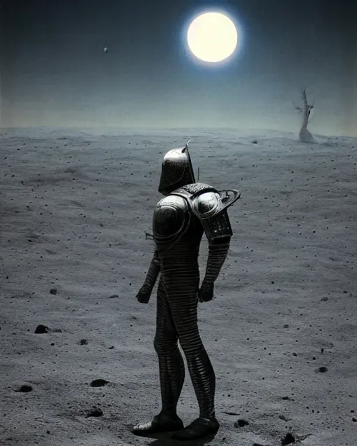 Image similar to crusader knight in armor standing on the moon, retrofuturism sci - fi old movie, highly detailed, photorealistic, 8 k, by beksinski and stalenhag