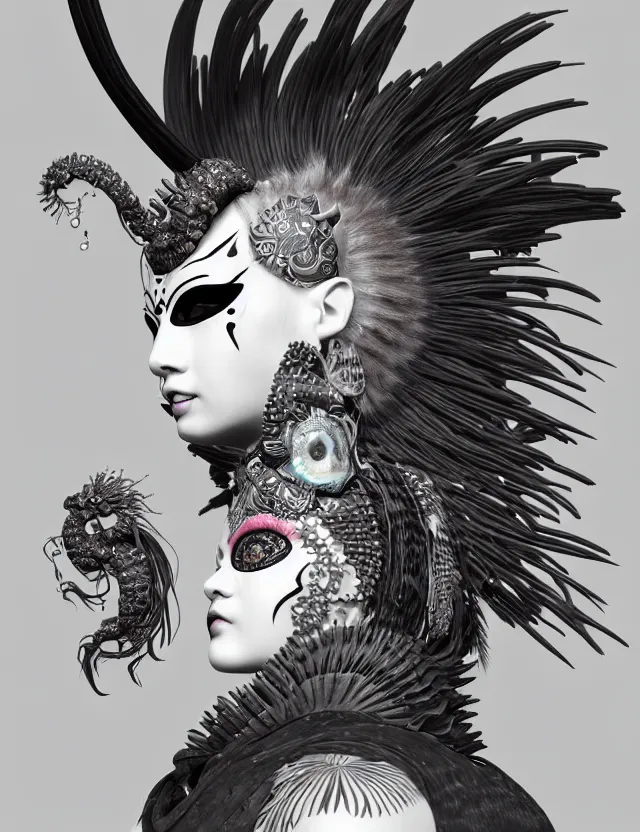 Image similar to 3 d goddess close - up profile portrait punk with mohawk with ram skull. beautiful intricately detailed japanese crow kitsune mask and clasical japanese kimono. betta fish, jellyfish phoenix, bio luminescent, plasma, ice, water, wind, creature, artwork by tooth wu and wlop and beeple and greg rutkowski