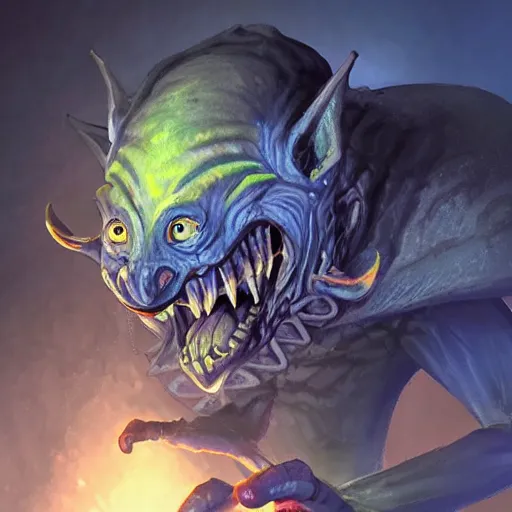 Image similar to a highly detailed goblin with grey skin and blue eyes that glow, like magic the gathering, goblin chainwalker, with wind wiping around it, digital art, by christopher rush