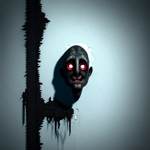 Prompt: the rake with white eyes melting through wall creepily, Octane render, eerie, horrifying, Cinema 4D, dark horror,