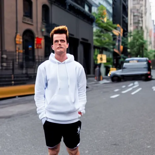 Image similar to Jimmy Neutron wearing a white sweatshirt and black shorts and white sneakers standing on the side of a street in new york city, 8k, professional,