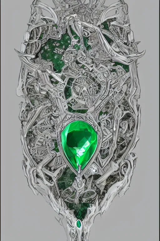 Image similar to an ancient white bone and emerald gemstone relic, intricate engraving, concept art style