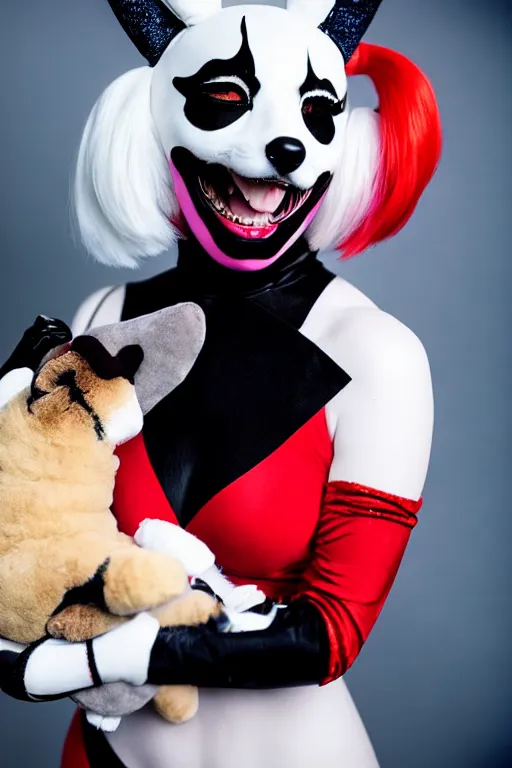 Image similar to lady gaga dressed as harley quinn attacked by plush shiba inu, plush toy, luxury materials, symmetrical, cinematic, elegant, professional studio light, real dlsr photography, sharp focus, 4 k, ultra hd, sense of awe, high fashion