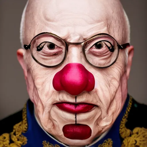 Prompt: UHD candid color photo of Klaus Schwab dressed as emperor, wearing accurate clown makeup, accurate face, UHD, photorealistic, correct face, photo by Annie Leibowitz