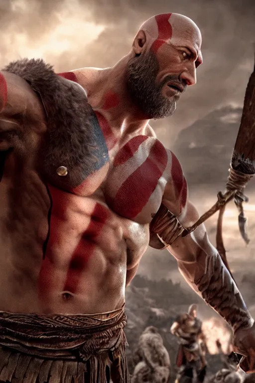 Image similar to film still from god of war, a highly detailed beautiful closeup photo of dwayne johnson kratos holding a sword and fighting zombies on a pile of human skulls, spartan warrior, olympian god, muscular!,, action pose, ambient lighting, volumetric lighting, octane, fantasy