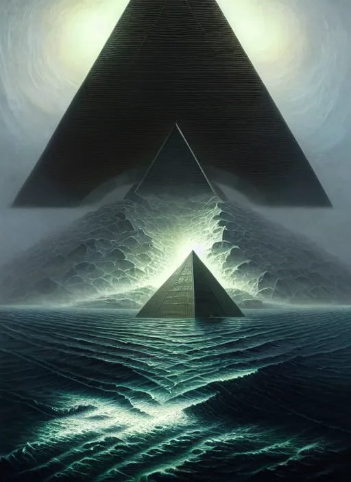 Image similar to a black pyramid emerging from ocean, a scenic dystopian environment, lovecraftian, intricate, elegant, highly detailed, centered, digital painting, artstation, concept art, smooth, sharp focus, illustration, artgerm, tomasz alen kopera, peter mohrbacher, donato giancola, joseph christian leyendecker, wlop, boris vallejo