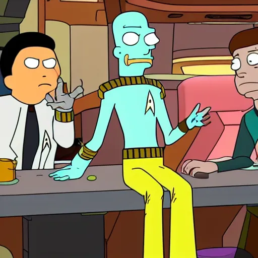 Image similar to characters from star trek lower decks, rick and morty, futurama, meeting on a distant planet