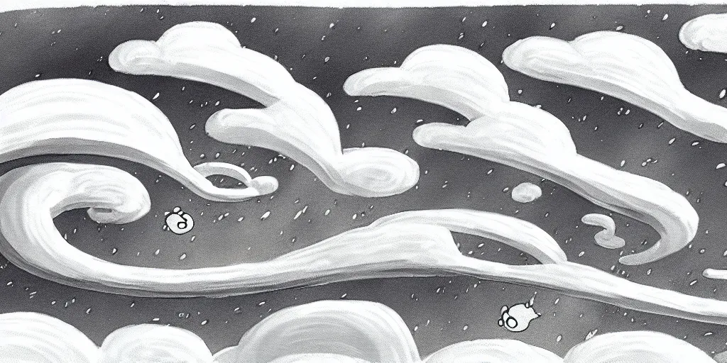 Image similar to chubby cartoon concept art, spiral clouds sky, from sam and max