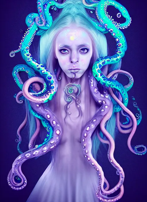 Image similar to A full shot of a cute magical monster girl wearing a dress made of opals and tentacles. Creepy Pasta. F1.4. Symmetrical. Dark Smoke and VFX. Not Human. Subsurface Scattering. Caustics. Prismatic light. defined facial features, symmetrical facial features. Opalescent surface. Soft Lighting. beautiful lighting. By Giger and Ruan Jia and Artgerm and WLOP and William-Adolphe Bouguereau and Loish and Lisa Frank. trending on artstation, featured on pixiv, award winning, sharp, details, intricate details, realistic, Hyper-detailed, HD, HDR, 4K, 8K.