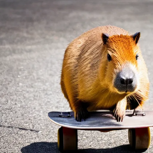 Image similar to A close up photo of a capybara riding a skateboard , 4K, high quality