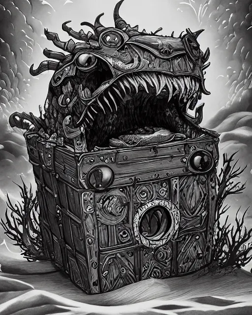 Image similar to a monster treasure chest, black and white, fantasy art, monster art, illustration, fantasy, intricate, hyper detailed, artstation, concept art, smooth, sharp focus, ray tracing