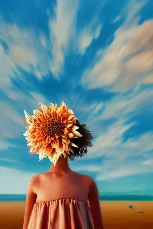 Prompt: closeup huge dahlia flower head, girl with dress on beach, surreal photography, blue sky, sunrise, dramatic light, impressionist painting, digital painting, artstation, simon stalenhag