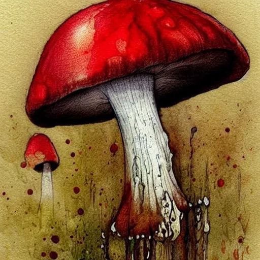 Prompt: mushroom. loose drawing by jean - baptiste monge water color on white paper watercolor sketch mushroom hard edges, pencil lines, drips, runs, spatter, details. red chrome. jean - baptiste monge!!!!!