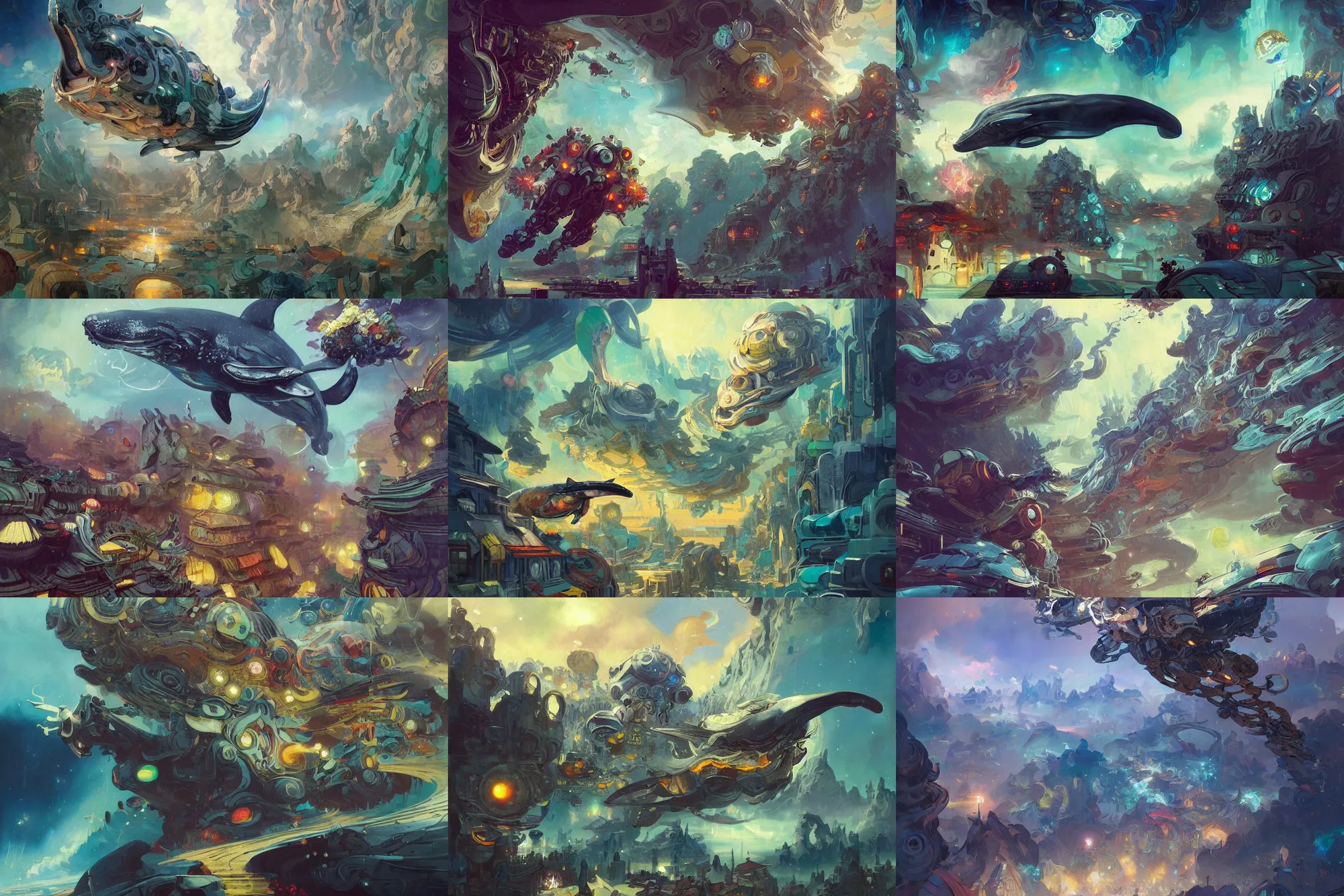 Prompt: multiversal otherworldly realm with flying mecha whale with chic streets and shops and lush volcanic garden and intricate luxurious scifi homes, allegorical style, by peter mohrbacher, jeremy mann, francoise nielly, van gogh, ross tran, beautiful, award winning scenery