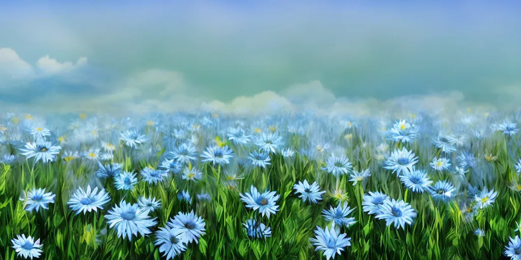 Image similar to field of light blue daisies, matte painting, white sky