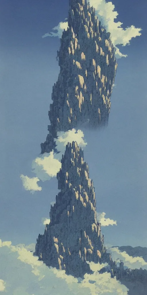 Prompt: an impossibly tall mountain that reaches the clouds, by vincent di fate nausicaa and ghibli