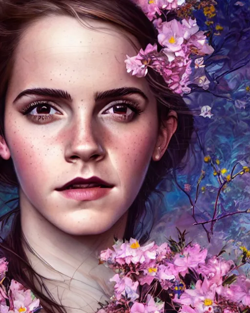 Image similar to portrait of emma watson, surrounded by flowers by karol bak, james jean, tom bagshaw, rococo, sharp focus, trending on artstation, cinematic lighting, hyper realism, octane render, 8 k, hyper detailed.