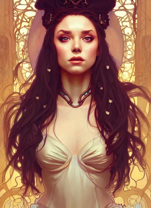 Image similar to rolyatistaylor as queen, incredibly detailed face, pretty face, light dress, true anatomy, art by artgerm and greg rutkowski and alphonse mucha