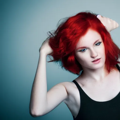 Image similar to a beautiful woman with red hair, close - up photography, studio lighting