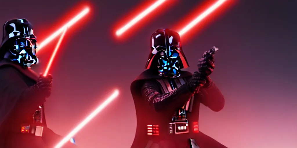 Image similar to a still of Darth Vader fighting with Darth Maul, fog, bokeh, light sabers, red glowing. 8K. detailed. photorealism. ultra realistic