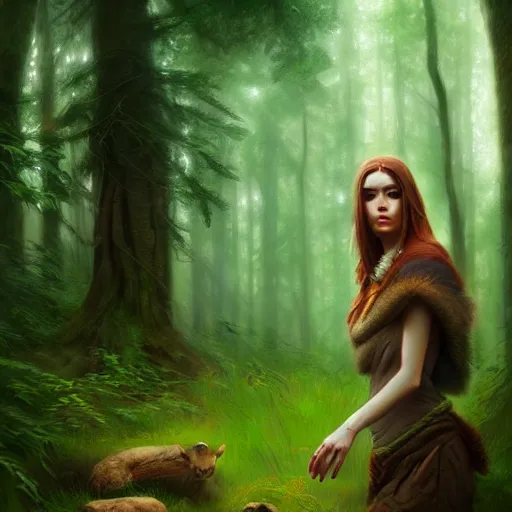 Image similar to a pretty female druid surrounded by forest animals, in the woods, hyper realistic, digital painting, photorealistic, in the style of greg rutkowski, highly detailed