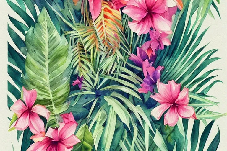 Image similar to watercolor artwork of exotic, elegant tropical prints : : trending on artstation